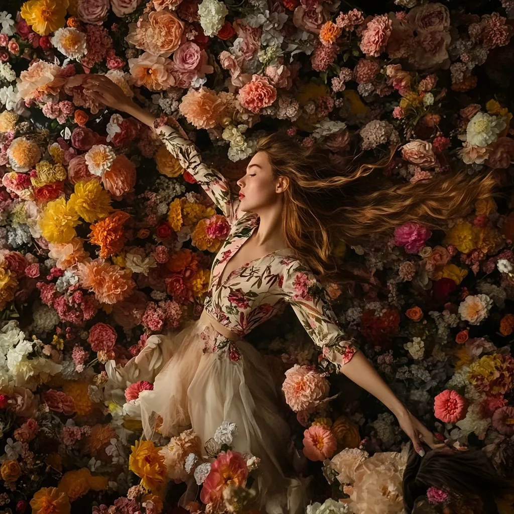 A young woman with long, flowing auburn hair lies amidst a vibrant tapestry of flowers.  She wears a floral-print cropped top and a flowing tulle skirt, her pose suggesting serenity and grace. The rich colors of the flowers—reds, oranges, pinks, and yellows—create a dramatic and romantic atmosphere.  The image is a study in contrasts: the delicate figure against the abundant blooms, calmness against a riot of color.
