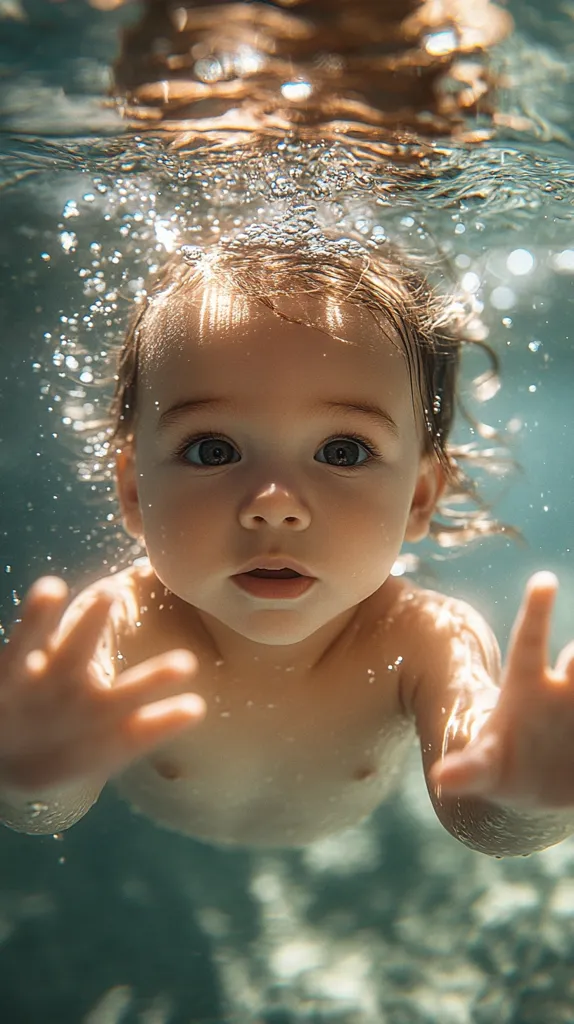 An underwater shot captures a baby's serene expression as they float in a pool.  Sunlight filters through the water, illuminating the baby's face and creating shimmering bubbles around them. The baby's hands are outstretched, conveying a sense of wonder and tranquility.  The overall image is soft, dreamy, and evokes a feeling of peaceful immersion.
