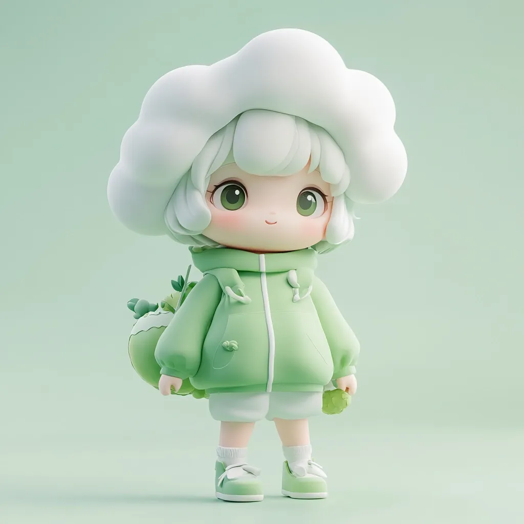 A charming 3D-rendered character, a young girl, is depicted. She wears a large, fluffy white cloud-shaped hat and a light green hooded jacket.  Her pastel green attire and white shorts contrast against her white socks and green shoes. A small, green, plant-like object is attached to her back. The overall aesthetic is soft, cute, and whimsical.