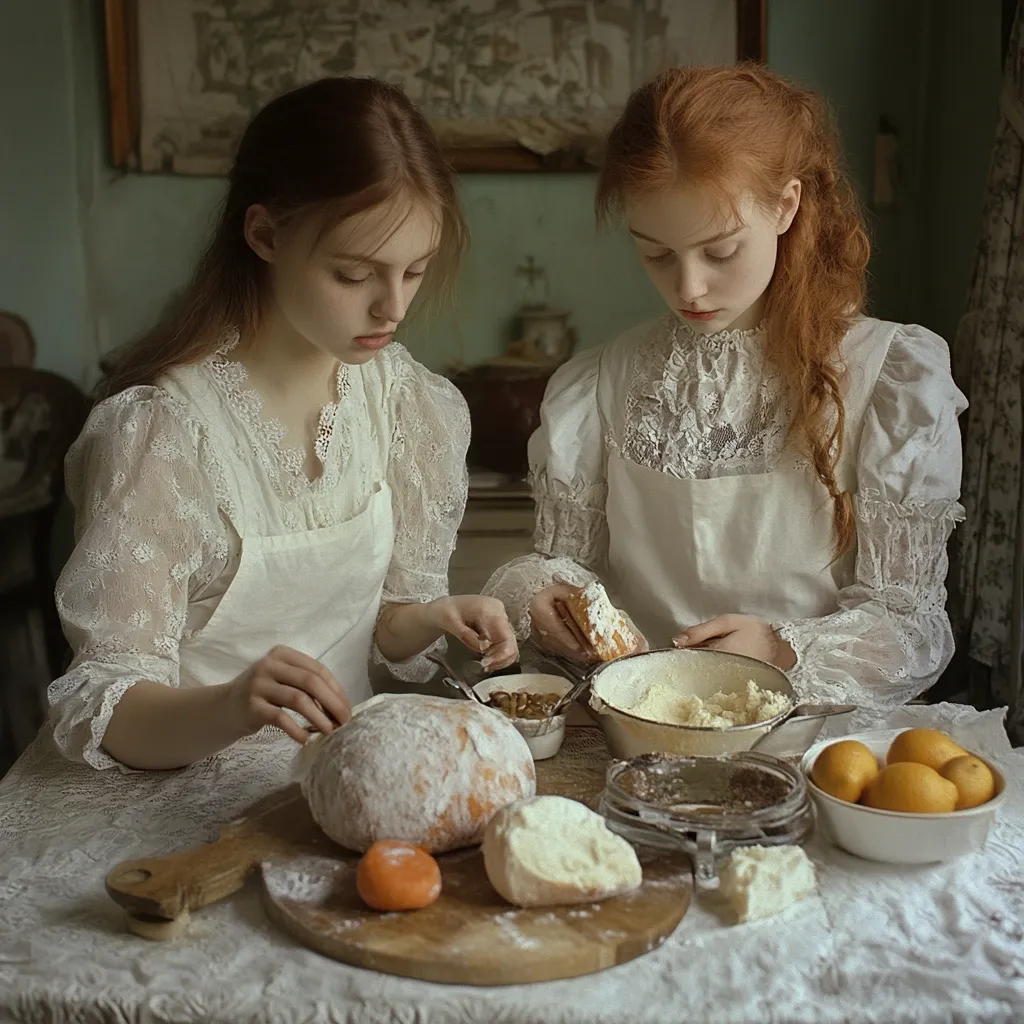 Two young women, dressed in antique white lace blouses and aprons, bake bread together in a rustic kitchen.  A wooden table is scattered with flour, bread dough, bowls of ingredients, and a bowl of lemons. The scene is bathed in soft, muted light, creating a nostalgic and peaceful atmosphere.  The focus is on the women's gentle interaction as they prepare the food.