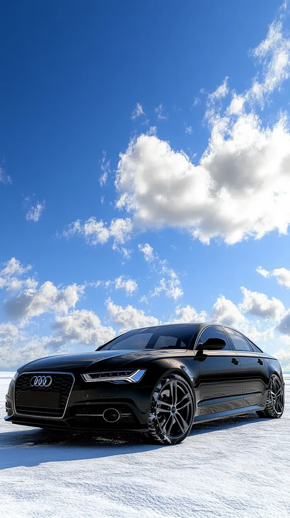 A sleek, black Audi A6 sedan sits on a snow-covered landscape under a vibrant blue sky dotted with fluffy white clouds.  The car is angled slightly to the left, showcasing its polished exterior and stylish wheels with winter tires. The contrast between the dark car and the bright surroundings creates a striking visual. The scene suggests a serene, possibly cold, winter day.