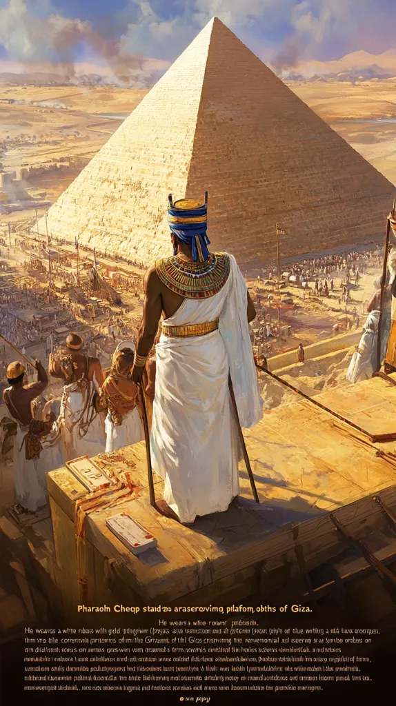 Pharaoh Cheops stands on a raised platform overlooking the Giza pyramids. He wears a white robe, a gold-trimmed headdress, and a wide collar.  The scene depicts a bustling construction site with many workers. The pharaoh's regal appearance contrasts with the hardworking laborers below, emphasizing his power and authority.  The vastness of the pyramids dominates the background.