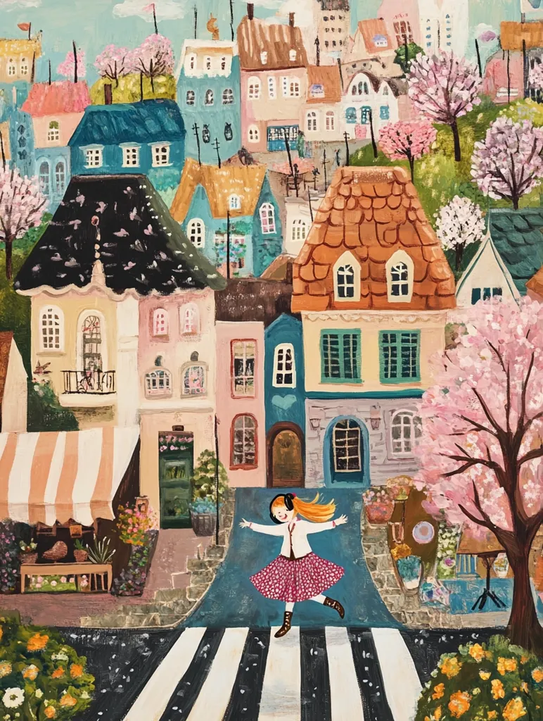 A girl with headphones dances joyfully on a crosswalk in a whimsical, colorful town.  Pastel-colored buildings line the street, adorned with blooming cherry trees. Flower shops and quaint storefronts create a charming atmosphere. The painting is bright and cheerful, capturing a feeling of carefree happiness.  The girl's red skirt contrasts against the muted tones of the cityscape.