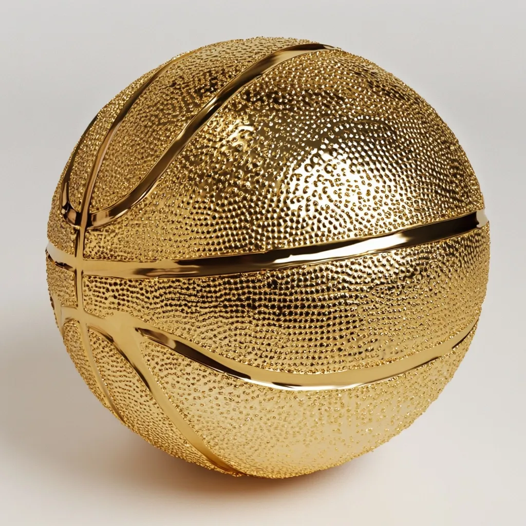 A solid gold basketball, rendered in 3D, rests on a white background.  The gold is textured with tiny, raised dots, giving it a hammered or embossed appearance. The classic basketball panel lines are clearly visible, adding to the luxurious and visually striking effect. The lighting highlights the reflective quality of the precious metal.