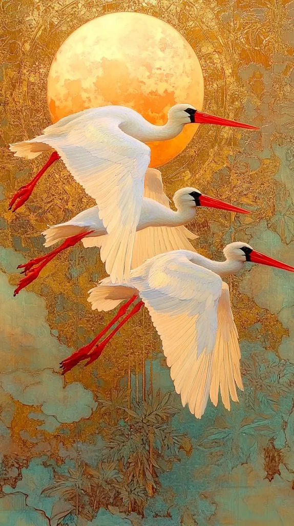 Three white birds with long, red legs and beaks fly against a backdrop of a large, orange moon.  The background features a textured, gold and teal landscape suggestive of foliage. The style is painterly, with a focus on light and texture.  The overall impression is one of serene beauty and mystical flight.