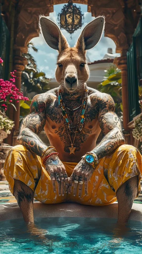 A muscular, tattooed kangaroo with a human-like torso sits poolside in luxurious surroundings.  He wears gold jewelry and vibrant yellow pants, his kangaroo head contrasting sharply with his heavily inked body. The setting is opulent, suggesting a lavish lifestyle. The image is surreal and striking, blending animal and human features in a captivating composition.