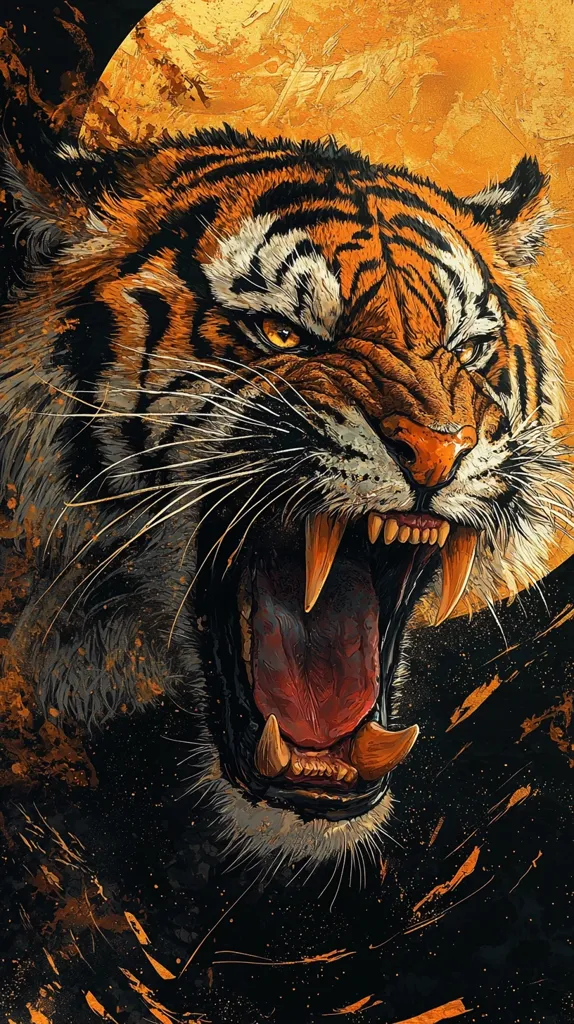 A close-up illustration depicts a tiger's roaring head against a backdrop of an abstract, golden, moon-like orb.  The tiger's fur is detailed with orange and black stripes, its mouth agape, revealing sharp teeth.  The style is dramatic and intense, with splashes of dark and gold paint creating a textured effect.  The overall mood is powerful and fierce.