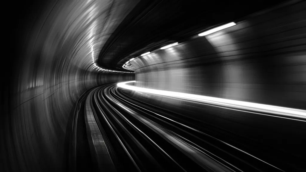 A black and white image depicts a train moving rapidly through a curved tunnel. The motion blur creates streaks of light, emphasizing the speed and dynamic energy. The tunnel's architecture is sleek and modern, with illuminated walls and a smooth, curved ceiling. The contrast between the dark tunnel and bright light enhances the sense of movement and depth.