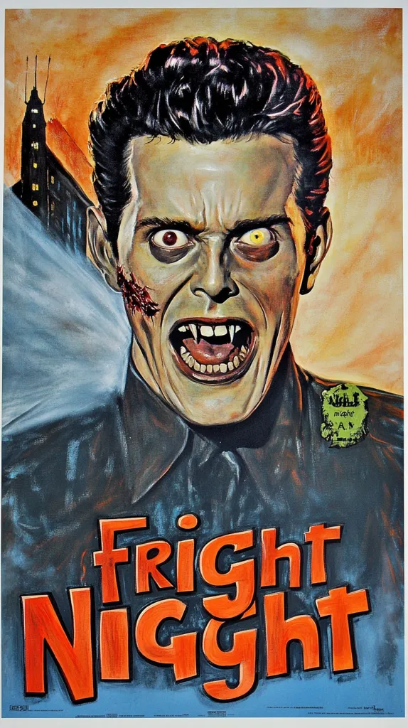 A stylized poster for the film "Fright Night" features a close-up of a vampire's face.  The vampire, with glowing eyes and a bloody wound, bares his fangs in a menacing grin.  The background hints at a city skyline. The title "Fright Night" is prominently displayed in bold, orange lettering. The overall style evokes classic horror movie poster aesthetics.  A small, faded "Night" ticket is visible on his jacket.