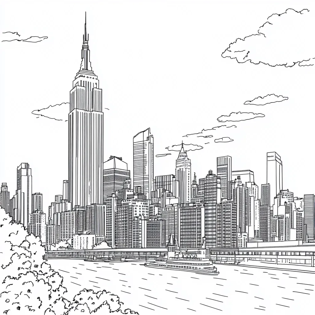 A detailed line drawing depicts the New York City skyline, dominated by the Empire State Building.  Numerous skyscrapers and buildings stretch across the cityscape, with a river in the foreground showing a ferry. Lush trees line the riverbank, adding a touch of nature to the urban landscape. The style is reminiscent of a sketch, showcasing the city's architectural density and the contrast between nature and concrete.  Clouds drift peacefully in the sky above.