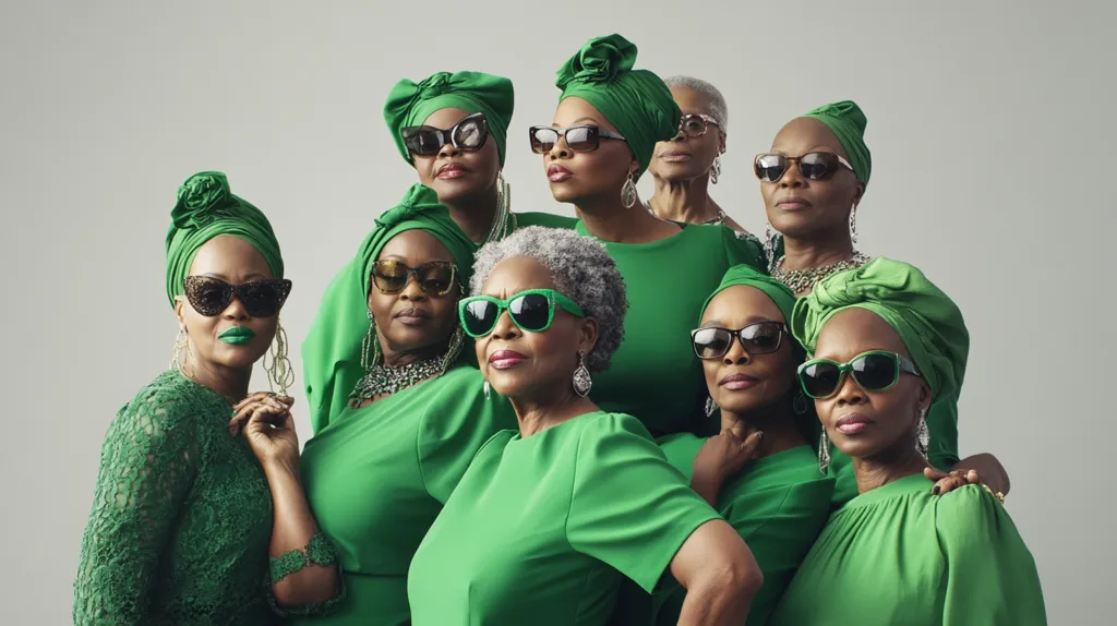 A group of stylish older African women, all wearing vibrant green head wraps and matching dresses, pose confidently for a portrait.  They each sport fashionable sunglasses, exuding elegance and solidarity.  The image showcases their strength, beauty, and shared identity. The backdrop is a neutral gray, focusing attention on the women and their coordinated attire.