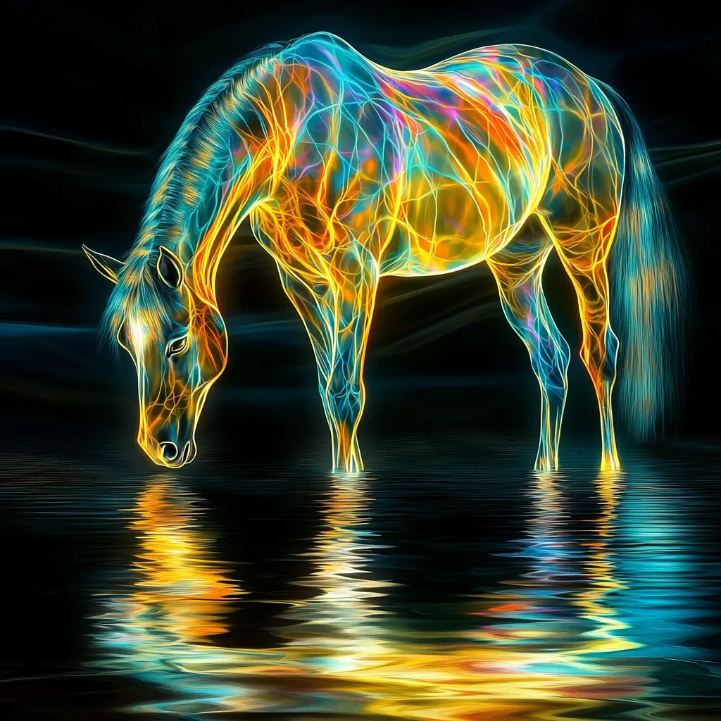 A vibrant, ethereal horse, rendered in luminous teal, orange, and yellow, is depicted drinking from a dark, reflective body of water.  Its form is outlined with glowing lines suggesting energy or movement. The horse's reflection mirrors its radiant colors, creating a captivating and surreal scene against a black backdrop.  The overall effect is dreamlike and mystical.