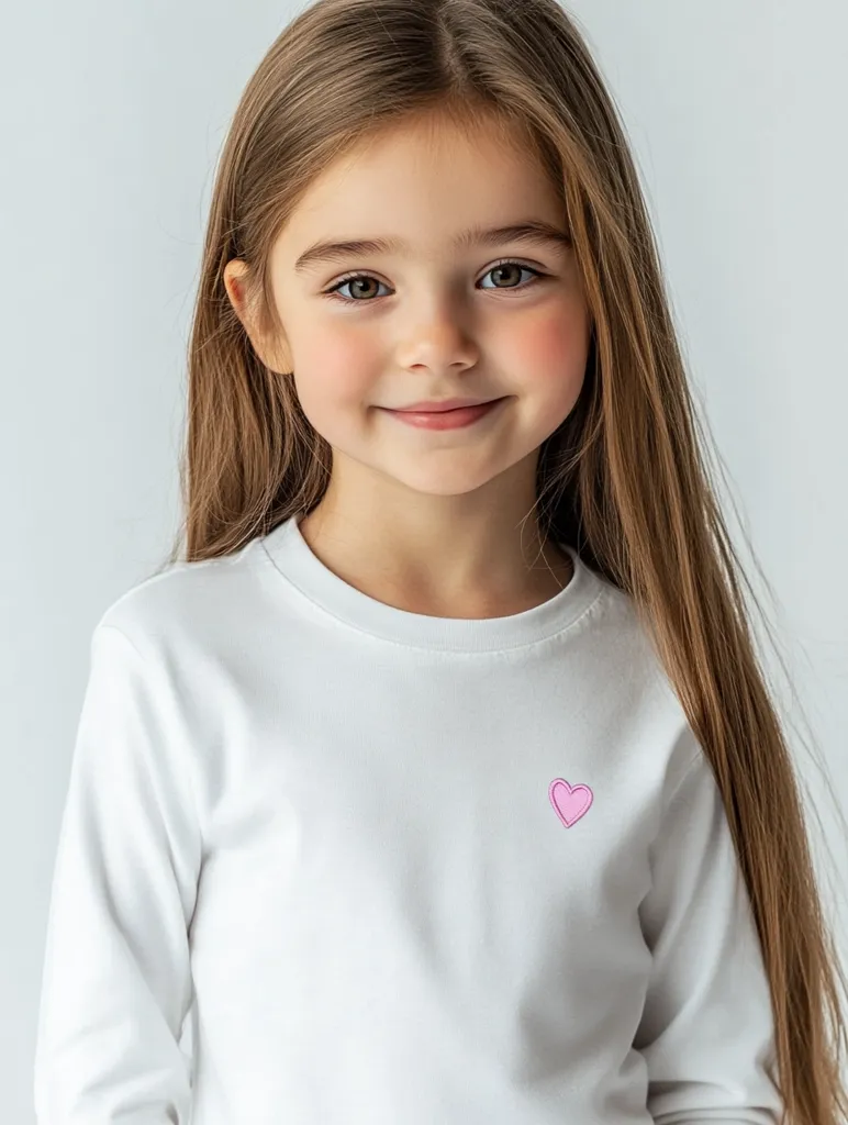 A young girl with long brown hair smiles gently at the camera. She's wearing a white long-sleeved shirt adorned with a small pink heart near the chest.  Her expression is sweet and innocent, and she appears to be happy and comfortable. The background is a simple, light gray, keeping the focus on the child.