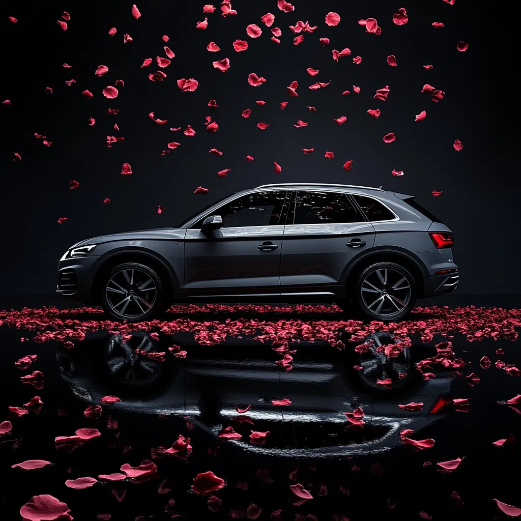 A dark gray Audi Q5 SUV is parked on a glossy black surface covered in scattered crimson rose petals.  Rose petals also fall from above, creating a romantic and luxurious atmosphere. The car's reflection is clearly visible in the polished floor, mirroring the scene above.  The image is sharply focused and dramatically lit, highlighting the vehicle's sleek design.