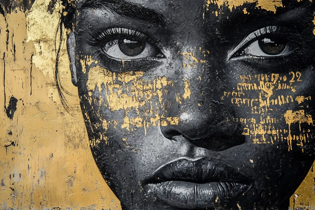 A close-up painting of a woman's face, rendered in shades of black and gold.  Her dark eyes are striking against the textured gold background, which appears layered and distressed, creating a sense of age and history.  The woman's expression is serious and intense, her lips full and downturned.  Gold leaf accents add depth and richness to the piece, suggesting a mixture of strength and vulnerability.