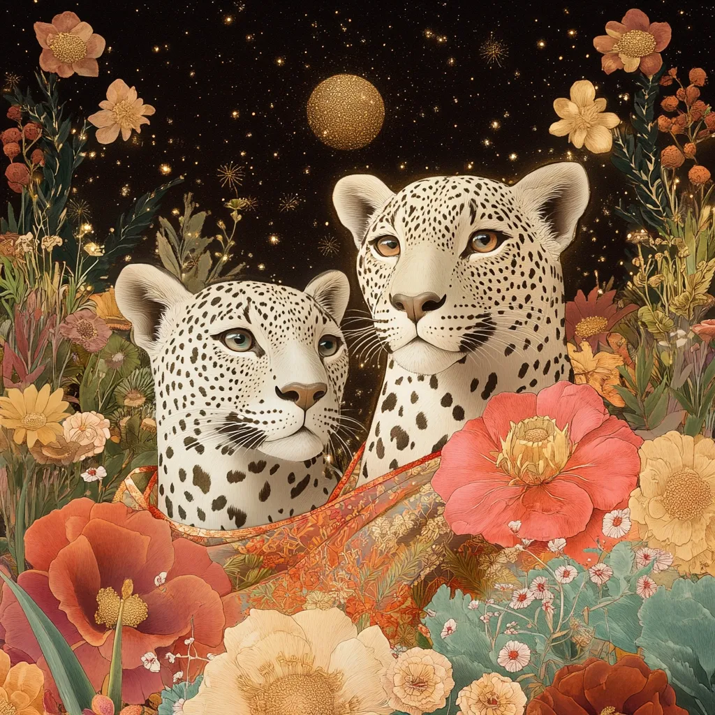 Two snow leopards, their coats speckled with black, gaze serenely.  They are nestled amongst a vibrant profusion of flowers— poppies, dahlias, and other blooms in rich jewel tones.  A golden celestial body hangs in the dark night sky above, scattered with twinkling stars. The overall mood is one of mystical beauty and quiet contemplation. The leopards appear calm and majestic, framed by the lush floral tapestry.