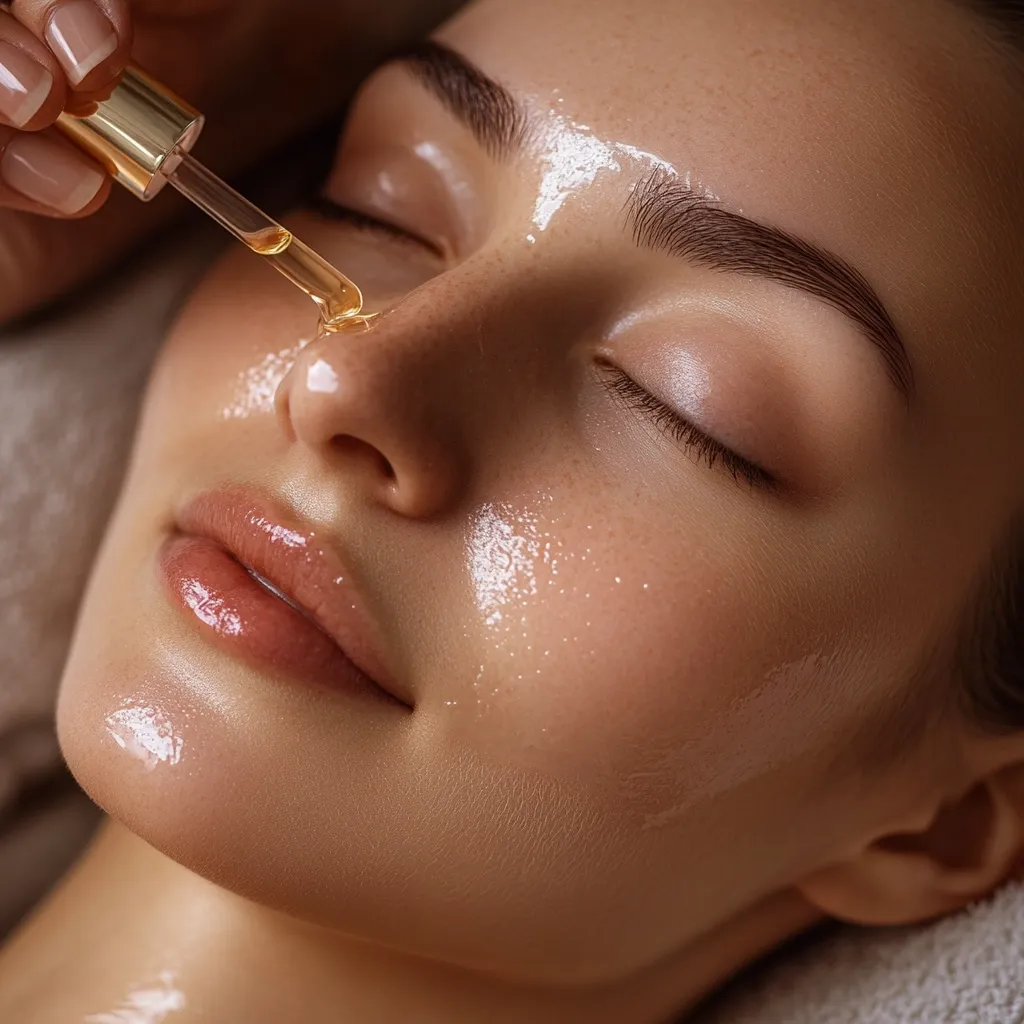Close-up of a woman receiving a facial treatment.  A hand delicately applies a clear, golden oil to her face using a dropper. Her eyes are closed, and her skin appears smooth and radiant with a glossy sheen from the applied product. The image evokes a sense of relaxation and luxurious skincare.