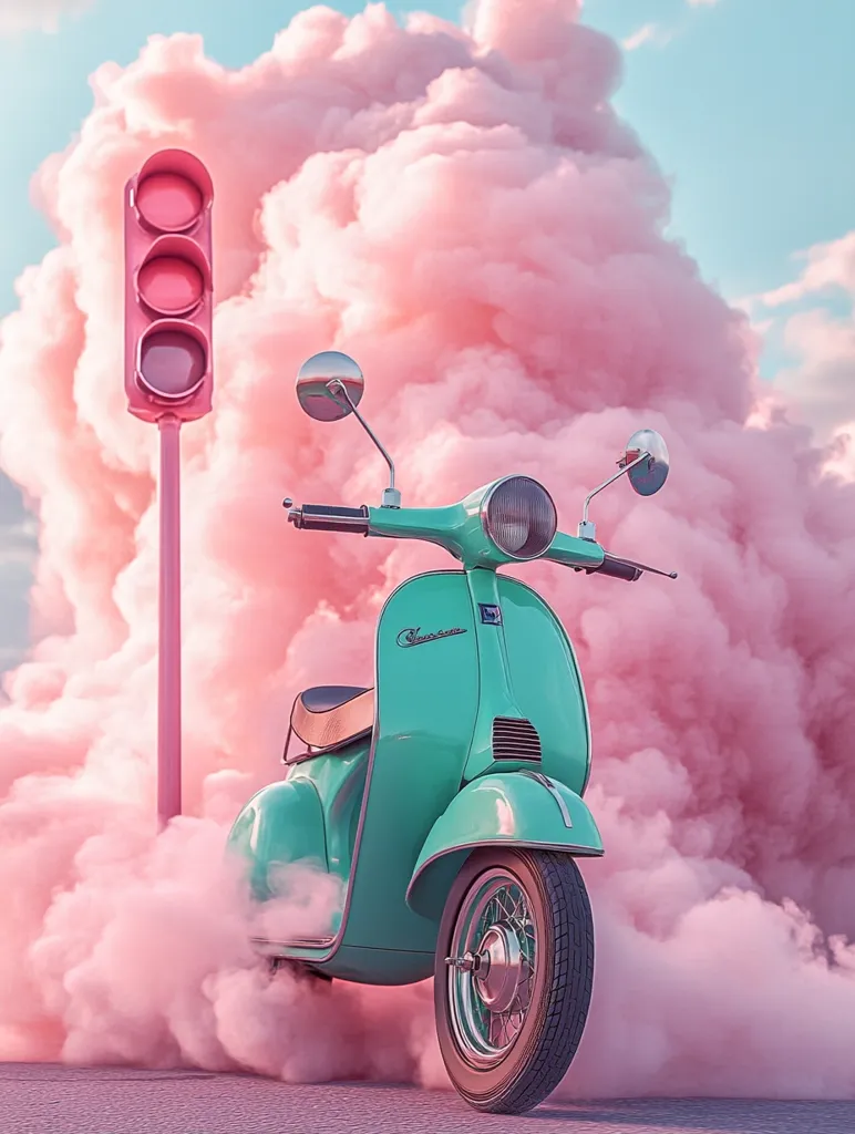 A mint green Vespa scooter performs a burnout, leaving a trail of vibrant pink smoke.  A pink traffic light stands nearby, adding to the surreal, whimsical scene. The backdrop is a fluffy, cotton candy-like pink cloud formation against a pale blue sky.  The overall aesthetic is playful and dreamlike.