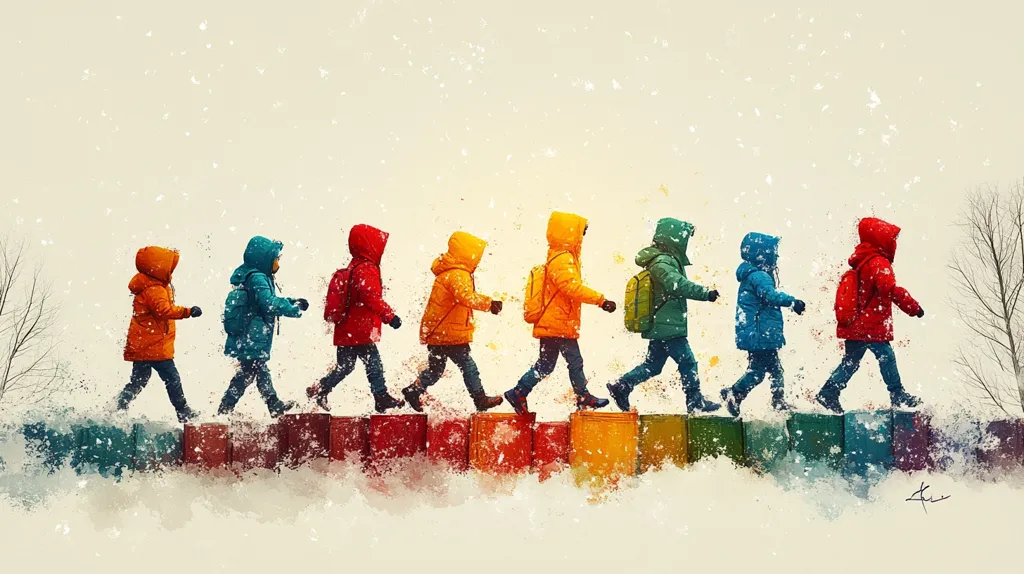 A vibrant illustration depicts eight children, each wearing a brightly colored hooded winter jacket, walking in a single file across a snow-covered, rainbow-hued stepping stone path.  They carry backpacks, and light snow gently falls around them, creating a whimsical, wintery scene.  The overall mood is joyful and hopeful.