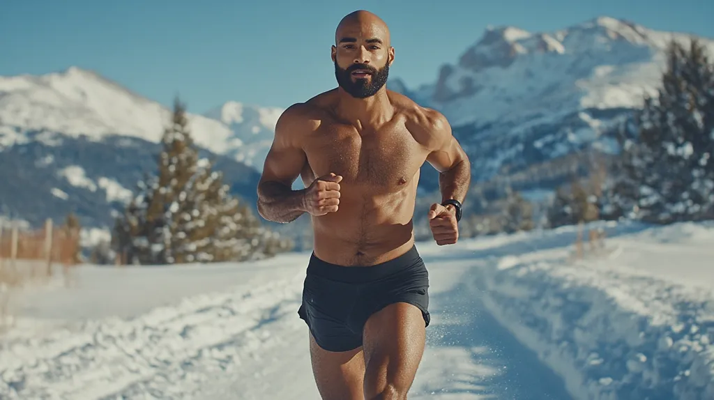 A muscular, bald Black man with a beard runs through a snowy landscape. He is shirtless, wearing dark athletic shorts, and a watch.  The background features snow-covered mountains and evergreens under a bright, sunny sky.  He appears determined and focused on his run.