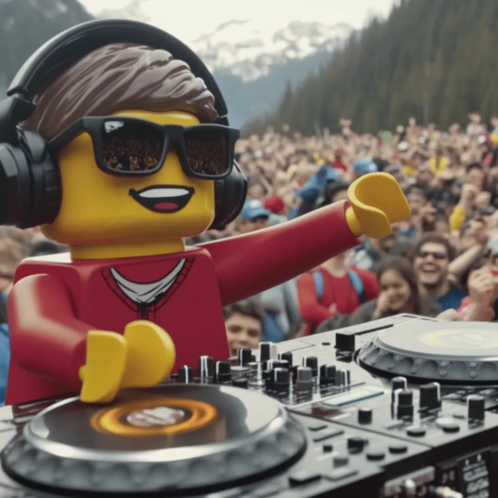 A large Lego figure, wearing headphones and sunglasses, enthusiastically DJs at an outdoor concert.  The figure, dressed in a red sweater, is positioned behind a DJ mixer, playing to a large, cheering crowd visible in the background against a backdrop of mountains. The scene is vibrant and energetic.