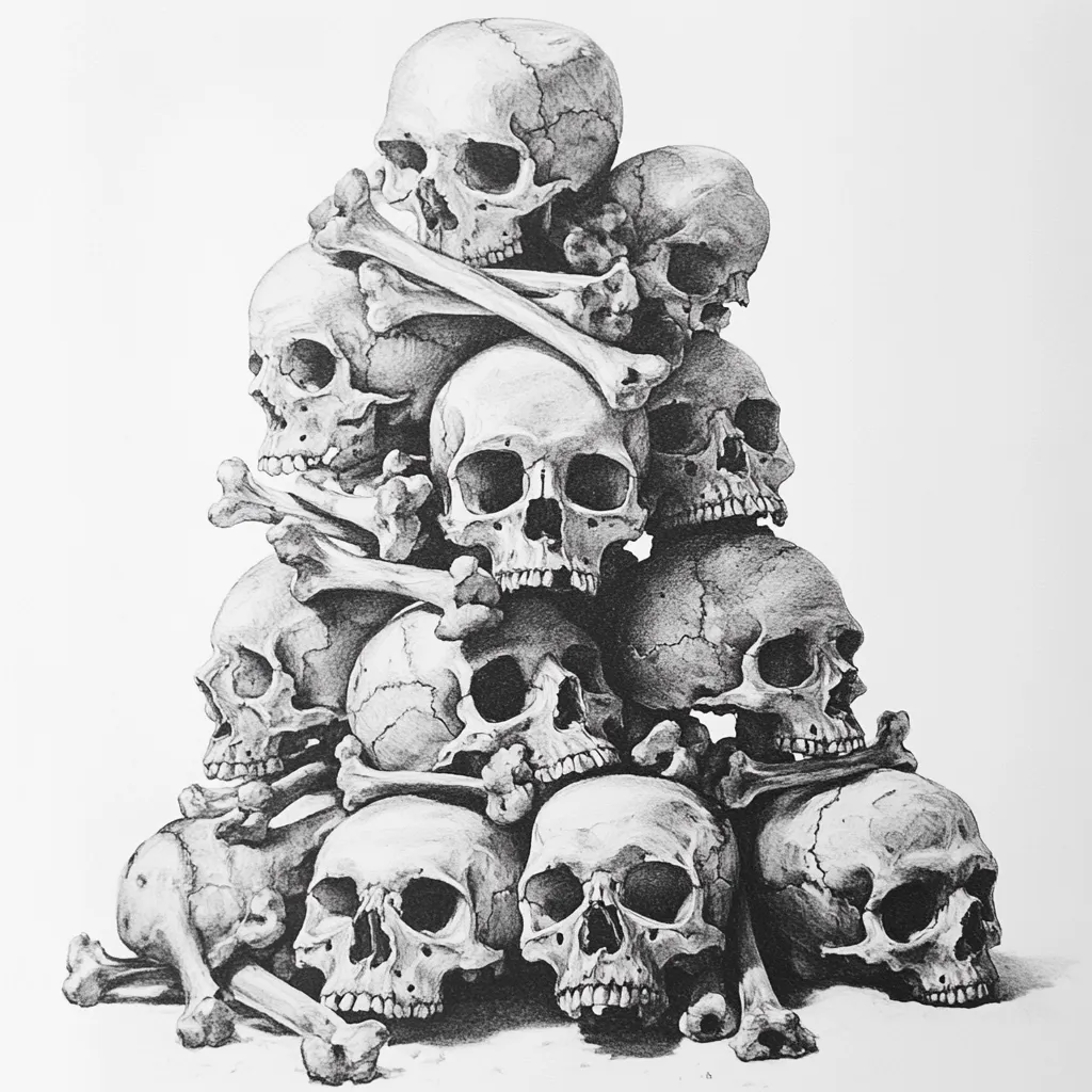 A meticulously detailed pencil sketch depicts a large pile of human skulls and femurs.  The skulls are realistically rendered, showing individual bone textures and variations. They are stacked haphazardly, with some bones interspersed, creating a morbid yet artistic composition.  The grayscale palette emphasizes the starkness and detail of the subject matter.