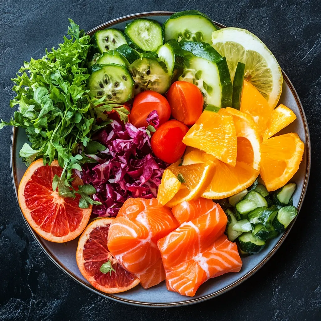 A vibrant and healthy bowl features an array of colorful ingredients.  Sliced oranges and grapefruits, along with cherry tomatoes and cucumber, surround a bed of shredded red cabbage and arugula.  Pieces of fresh salmon are nestled in the center, completing this nutritious and visually appealing meal.