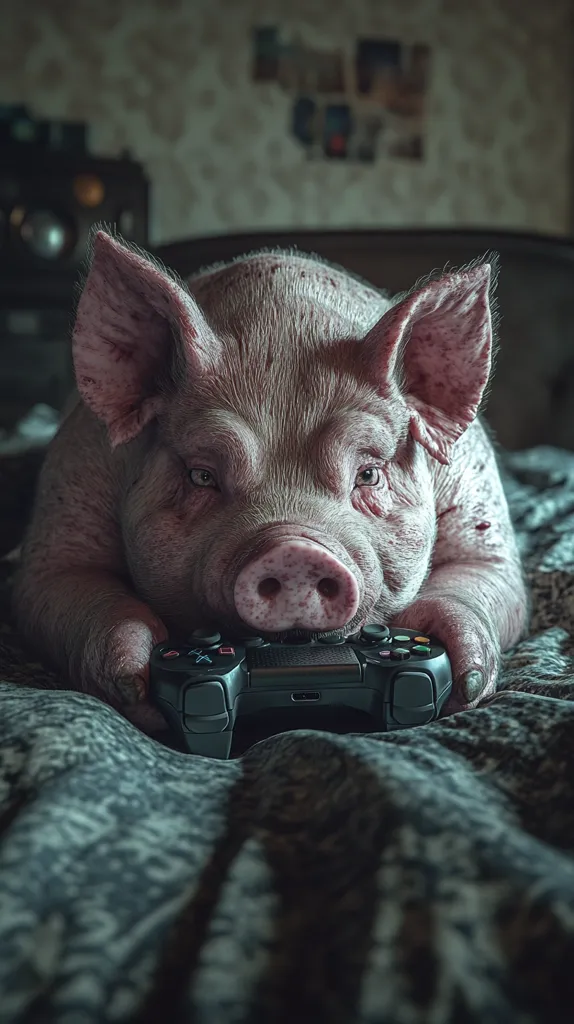 A pig, seemingly relaxed, lies on a bed and holds a video game controller.  Its expression is serious, almost contemplative. The setting is dimly lit, with a textured background suggesting a bedroom. The pig's pink skin and the dark controller create a striking contrast. The overall image is unusual and humorous, depicting an unlikely gamer.