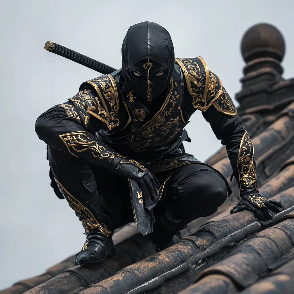 A ninja, clad in black armor intricately adorned with gold detailing, crouches on a rooftop.  The armor features elaborate floral and dragon-like patterns.  He holds a katana at his side, his face obscured by a black mask with gold accents. The setting suggests a historical or fantasy context.  The image is dramatic and evocative of stealth and power.