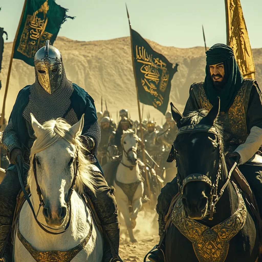 Two mounted warriors, one in chainmail and a helmet, the other in richly decorated robes and a turban, lead a cavalry charge across a desert landscape.  Behind them, a large army follows, their flags bearing Arabic calligraphy visible.  The scene is dramatic, evocative of a historical battle or military procession.  Dust rises from the horses' hooves as they advance.