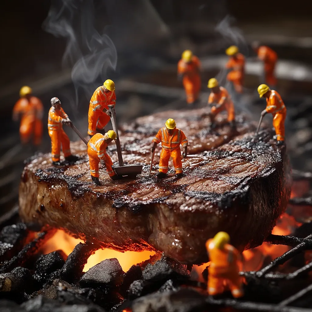 A large, perfectly grilled steak sits on a hot grill, surrounded by miniature construction workers.  The tiny figures, wearing bright orange overalls and hard hats, appear to be working on the steak, creating a whimsical and humorous scene.  Smoke rises from the grill, highlighting the intense heat and adding to the dramatic effect of the miniature construction site.