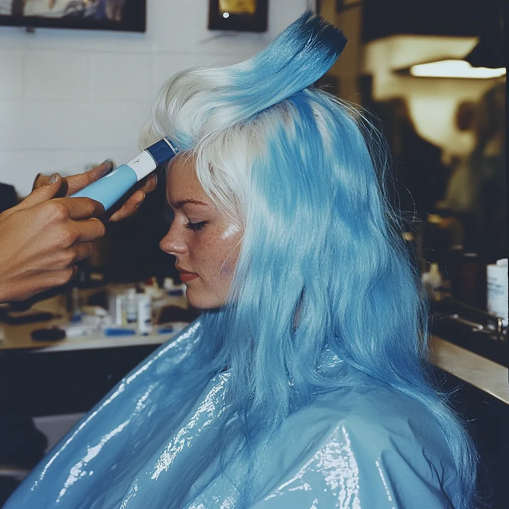 A young woman with long, mostly light blue hair sits in a salon chair.  A stylist applies light blue hair color to the top section of her hair using an applicator.  The woman's hair is styled up, with some white sections visible underneath. She wears a light blue plastic cape to protect her clothes. The background is blurred but shows a salon setting.
