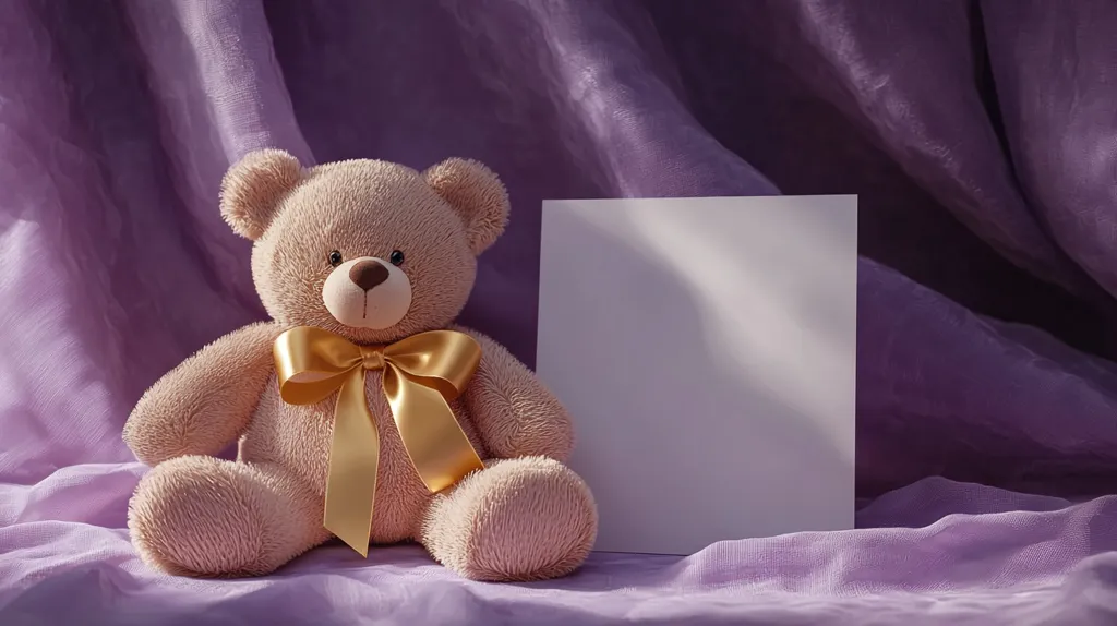 A light pink teddy bear with a gold bow sits on a purple fabric backdrop.  A blank white card stands beside the bear, providing a space for a message or image. The soft lighting and muted colors create a gentle, sentimental mood, ideal for a greeting card or invitation.