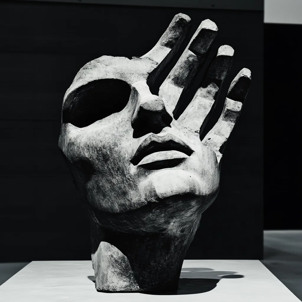 A striking black and white close-up reveals a sculpted head, seemingly female, with a hand dramatically obscuring one eye. The textured stonework emphasizes the face's features, particularly the lips.  The hand, an integral part of the sculpture, adds a layer of mystery and intrigue. The dark background accentuates the piece's three-dimensionality and artistic expression. The overall effect is one of contemplation and artistic depth.