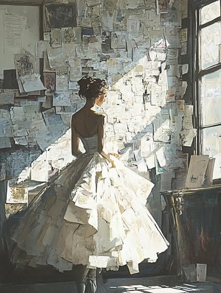 A woman in a voluminous white dress stands before a wall covered in papers and ephemera. Sunlight streams through a nearby window, illuminating her and casting shadows. The scene is painted in a loose, impressionistic style, with visible brushstrokes and a focus on light and texture.  The overall mood is serene and contemplative.