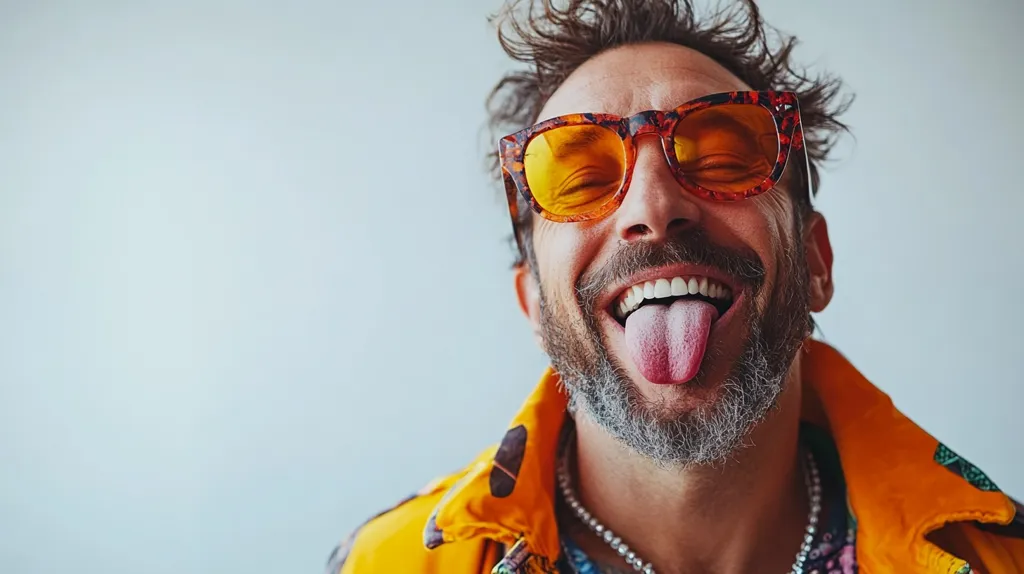 A playful man with tousled dark hair and a beard sticks his tongue out. He wears vibrant orange-tinted sunglasses with a tortoiseshell frame and a bright yellow jacket.  His expression is cheeky and lighthearted, against a muted gray background. The overall vibe is fun and expressive.