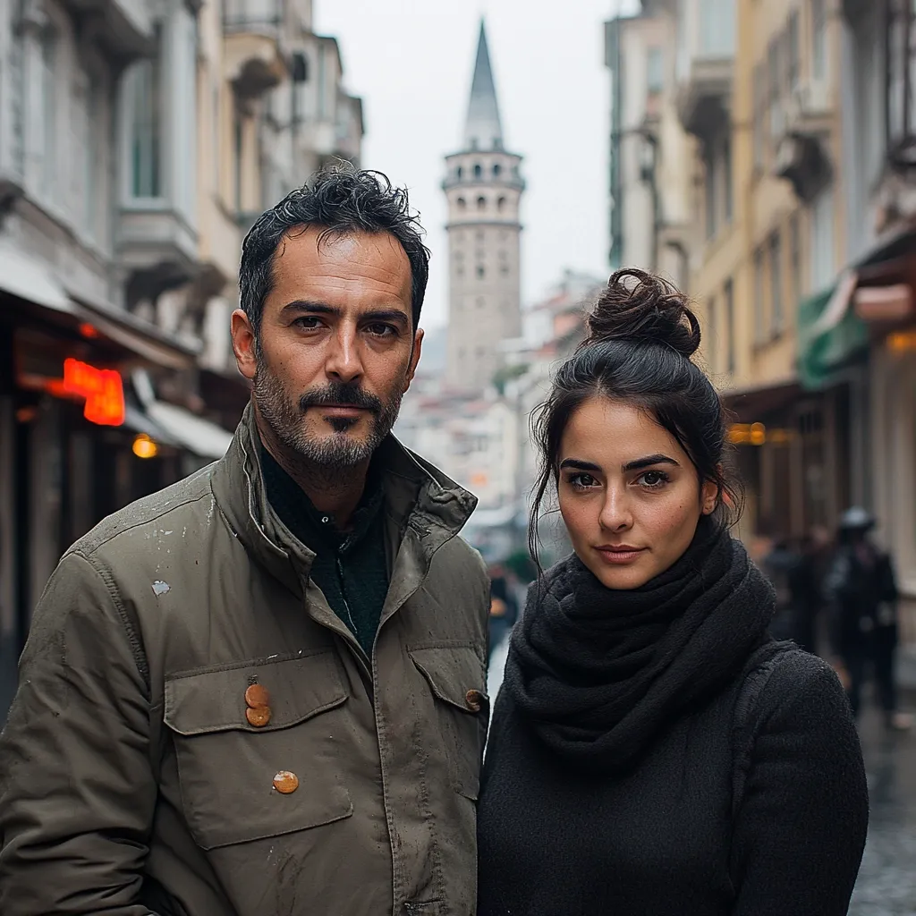 A man and a woman stand close together in a city street, the Galata Tower visible in the background.  The man wears a green jacket, and the woman a black sweater and scarf. They appear to be a couple, posing for a photo amidst the bustling urban scene. The atmosphere is casual and intimate, with a slightly moody feel due to the overcast sky.