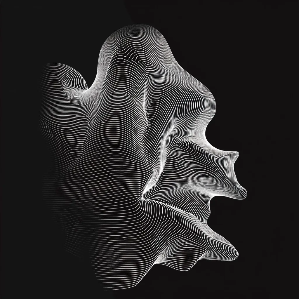 The image showcases an abstract, three-dimensional form rendered in white lines against a black background.  The lines create a flowing, undulating surface, resembling a cloud or a sculpted wave.  The design is minimalist and elegant, suggesting movement and fluidity. The contrast between the bright lines and the dark background emphasizes the form's texture and complexity.