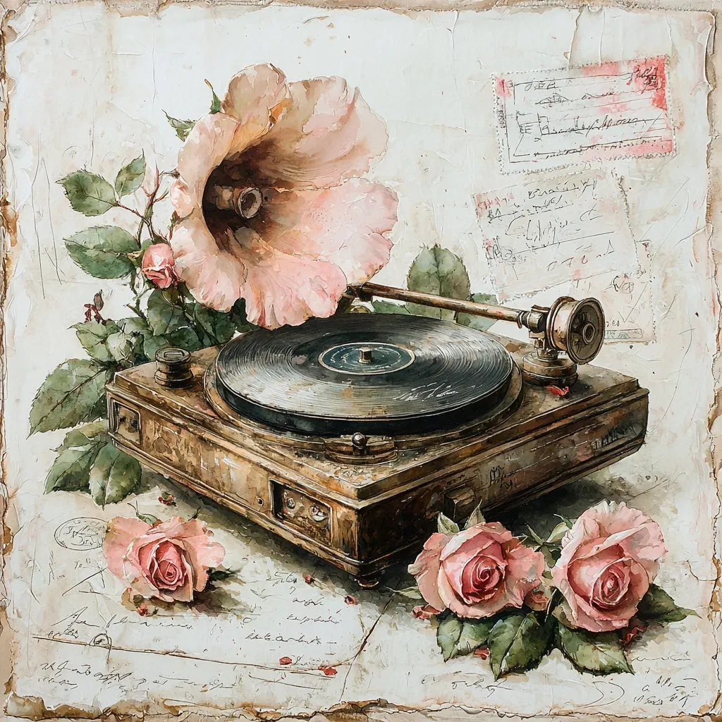 A vintage gramophone, its horn fashioned from a delicate pink flower, rests on aged papers strewn with handwritten letters and postage stamps.  Three pink roses lie scattered nearby, adding to the nostalgic, romantic atmosphere. The painting's muted tones and detailed textures evoke a sense of faded memories and bygone eras. The overall effect is one of delicate beauty and wistful sentiment.