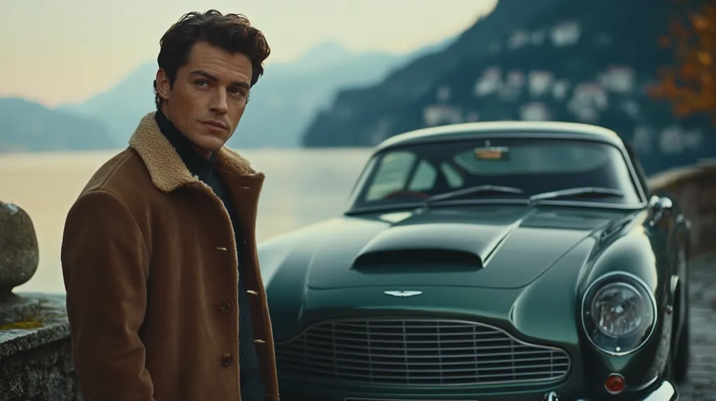 A man in a brown shearling-collared coat stands beside a dark green Aston Martin DB6, parked by a serene lake with a picturesque mountain backdrop. The image evokes a sense of classic elegance and sophisticated style, capturing a moment of refined luxury against a breathtaking landscape.  The man's pose and attire complement the timeless beauty of the vintage car.