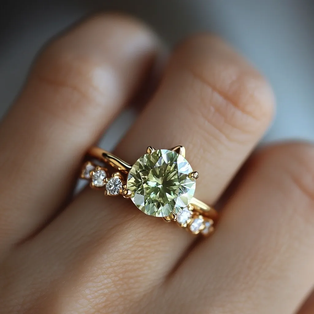 A close-up shot showcases a woman's hand adorned with a stunning gold ring.  The ring features a large, light green gemstone as its centerpiece, encircled by smaller, sparkling diamonds.  A delicate gold band, also studded with diamonds, sits beneath the main ring, creating a sophisticated and elegant double-ring ensemble. The image highlights the ring's intricate details and the gemstone's captivating hue.