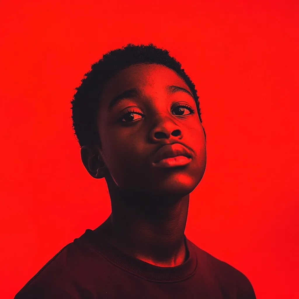 A close-up portrait of a young Black boy against a vibrant red background.  He has short, dark hair and a serious expression.  The red light dramatically illuminates his face, creating strong shadows and highlighting his features. He's wearing a dark-colored crew neck shirt. The image has a bold, artistic feel.