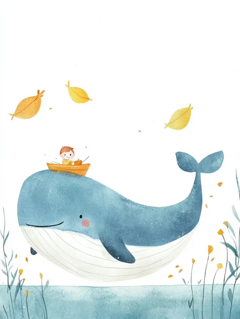 A watercolor illustration depicts a friendly blue whale swimming in calm water.  A small child sits in a tiny orange boat perched on the whale's back.  Yellow leaves drift gently above, and delicate aquatic plants surround the whale.  The overall style is whimsical and serene, evoking a sense of childhood wonder and gentle adventure.