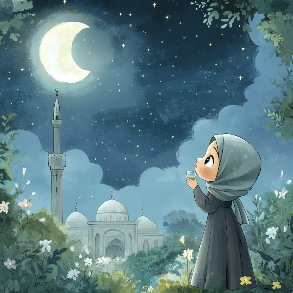A young girl, wearing a hijab, gazes at a crescent moon and starlit night sky.  She holds a small cup, perhaps of tea, and stands before a mosque nestled amongst blossoming greenery. The scene is serene and peaceful, evoking a sense of tranquility and spiritual contemplation. The illustration style is soft and whimsical.