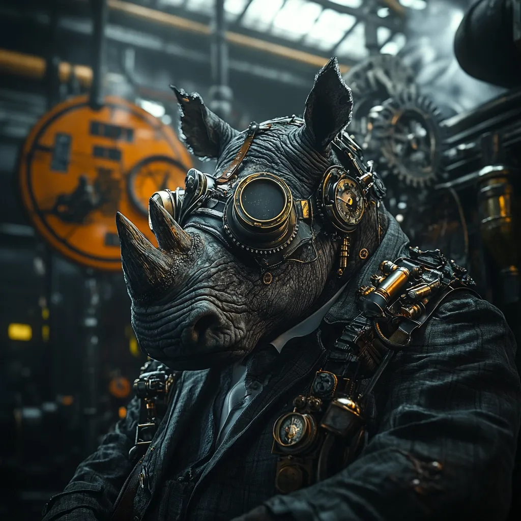 A steampunk rhinoceros, meticulously crafted, sits in a dimly lit industrial setting.  Its detailed head, complete with goggles and intricate brass embellishments, dominates the frame.  The rhino wears a dark, tailored coat suggesting a formal attire, blending the animalistic with the mechanical.  Gears and other steampunk elements are scattered throughout the background, adding to the scene's dramatic atmosphere.
