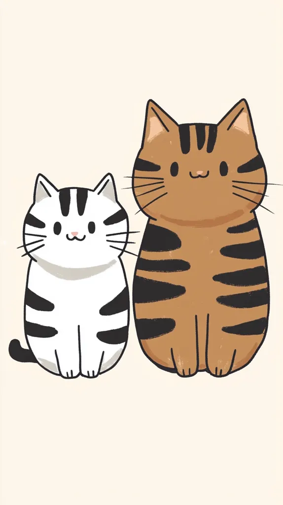 The illustration features two adorable cartoon cats sitting side-by-side.  The smaller cat is predominantly white with black stripes, while the larger cat is brown with black stripes. Both cats have simplified features, large eyes, and cheerful expressions.  Their design is cute and stylized, suitable for children's products or whimsical designs.