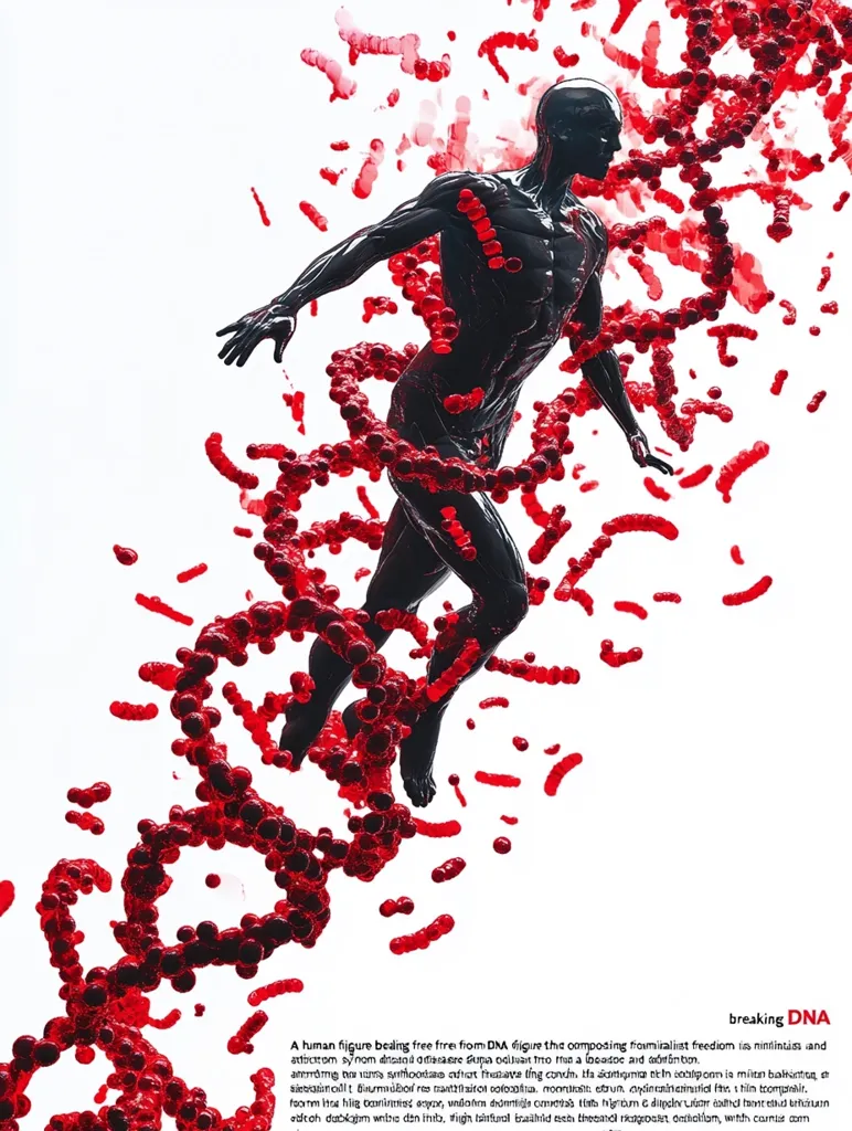 A black human figure runs, seemingly freeing itself from red, DNA-like strands.  The figure's motion is dynamic, contrasting with the flowing, bioluminescent red forms that trail behind. The image suggests themes of liberation, breaking free, or escaping genetic constraints. The background is white, emphasizing the contrast between the figure and the red strands.