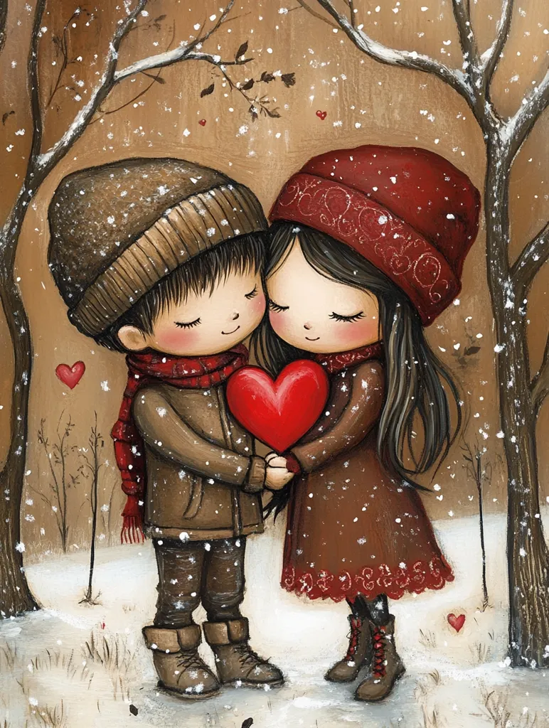 A charming illustration depicts a young couple, dressed warmly in winter attire, sharing a large red heart in a snowy woodland setting.  The boy and girl, with expressive eyes and rosy cheeks, stand close, embodying youthful love and affection.  Snow gently falls, creating a romantic and whimsical atmosphere.  Small hearts float in the air, enhancing the Valentine's Day feel. The artwork is detailed and uses a soft color palette.