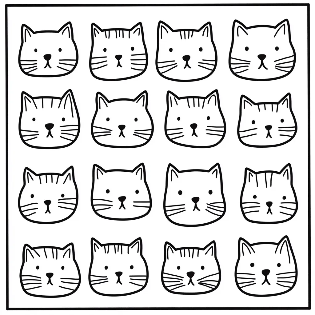 A simple black and white illustration features a grid of sixteen adorable cartoon cat faces.  Each cat has a similar design with varying patterns of stripes on their heads, creating a playful and repetitive pattern. The cats' expressions are neutral, making them appealing to children and adults alike.  The overall design is clean, consistent, and suitable for coloring or other creative activities.