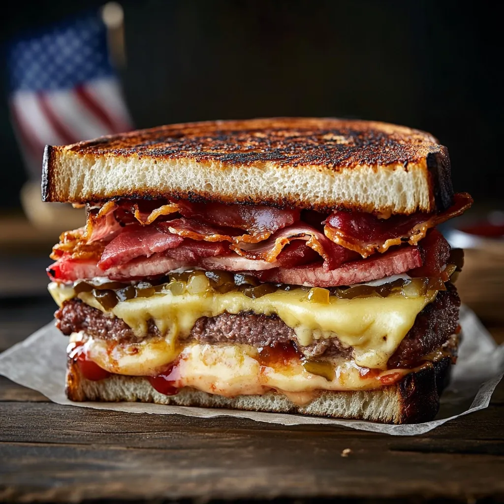 A mouthwatering grilled cheese sandwich elevates the classic to new heights.  Crisp, toasted bread encases a juicy burger patty, melted cheese, crispy bacon, and a tangy relish. The melted cheese oozes from the sides, promising a rich, savory flavor.  It's a visually appealing and undoubtedly delicious sandwich.